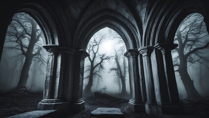 Mysterious gothic arches leading to a foggy forest with bare trees