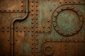 Fototapeta premium Weathered copper patina surface with industrial rivets and steam-punk aesthetic creating authentic vintage metalwork texture background