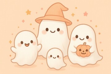 Adorable kawaii ghost family with pastel colors, cute expressions and friendly Halloween characters for child-friendly seasonal decoration