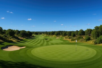 Obraz premium Championship golf course panorama showcasing pristine fairways and manicured greens under perfect blue sky