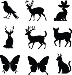 Obraz premium Collection of Nine Animal Silhouettes Deer, Birds, Cats, and Butterflies