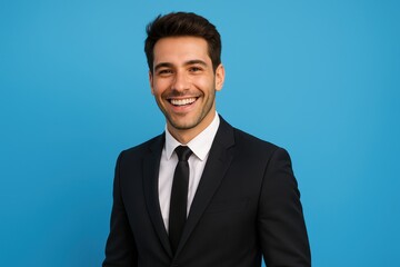 Confident young professional smiling warmly at camera against vibrant blue studio background with copy space
