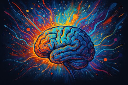 Colorful human brain visualization exploding with creative ideas and neural connections in psychological artwork