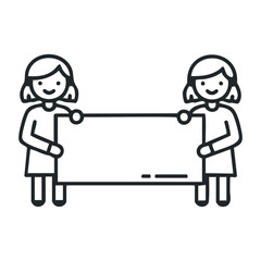 Two young caucasian girls holding blank sign icon in black and white. Vector illustration