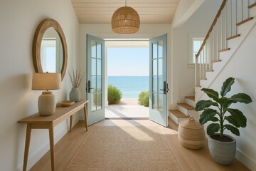 Fototapeta premium Sophisticated coastal entryway design blending natural stone elements with contemporary maritime-inspired aesthetics