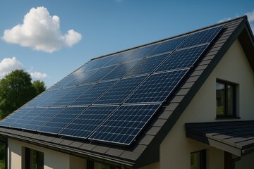 Obraz premium Advanced photovoltaic solar energy system installation on contemporary residential rooftop architecture