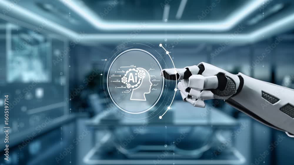 Poster a robotic hand interacts with a high-tech digital interface, emphasizing artificial intelligence and