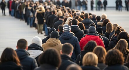 Large crowd of people waiting in a long line.