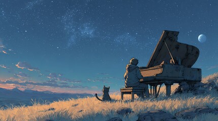 Fototapeta premium digital art fantasy landscape pianist grand piano outdoors grass field starry night sky moon musical instrument surreal illustration