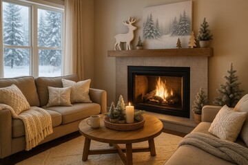 Fototapeta premium Cozy winter chalet living room with modern fireplace and comfortable seasonal interior design