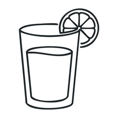 Black and white line art of a cocktail glass with lemon slice. Vector illustration