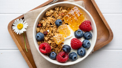 A top-down view of a wooden serving tray holding a farm-fresh breakfast arrangement. A ceramic bowl contains granola topped with golden honeycomb pieces, blueberries, raspberries, and plain yogurt