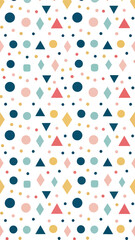 Whimsical geometric pattern featuring a playful arrangement of colorful triangles ovals and diamonds on a white background