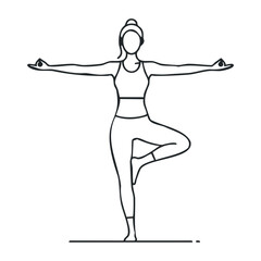 Line drawing of female yoga pose in tree position with outstretched arms. Vector illustration