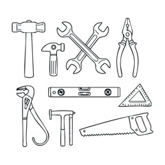 Outline drawing of assorted hand tools: hammer, wrench, pliers, saw, level. Vector illustration