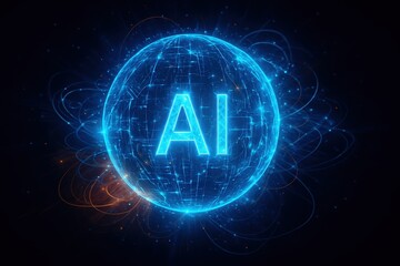 Naklejka premium Futuristic holographic AI sphere radiating brilliant light representing advanced artificial intelligence technology