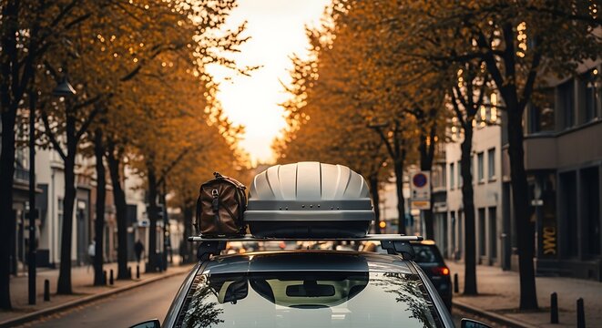 A car with a rooftop luggage carrier on a city street. - Powered by Adobe
