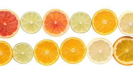 Obraz premium Assortment of fresh citrus fruit slices arranged in rows isolated on transparent background