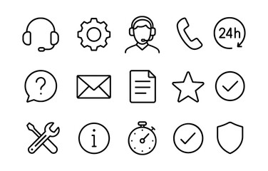 Support and service line icons with headset, gear, phone, mail, document, check, star, tools