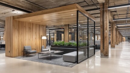 Obraz premium Modern, light-filled office space with wooden accents.