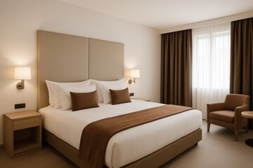 Modern hotel bedroom with contemporary design elements and neutral earth tone color scheme