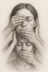 Fototapeta premium Pencil drawing representing censorship and oppression, with women covering eyes and mouths of other women