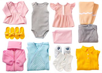 collection of cute baby clothes arranged neatly isolated on white background, png, ai generated.	
