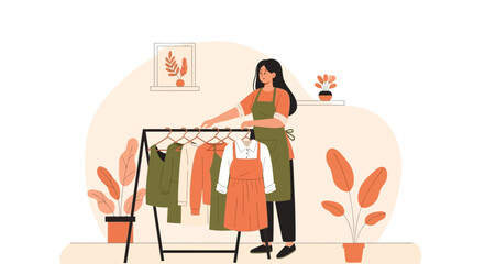 Woman Choosing Outfit On Rack In Living Room Interior Illustration