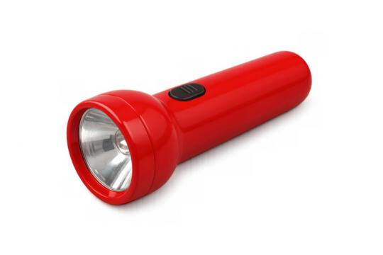 Red flashlight casting a bright light, isolated on a transparent background, ready for any emergency