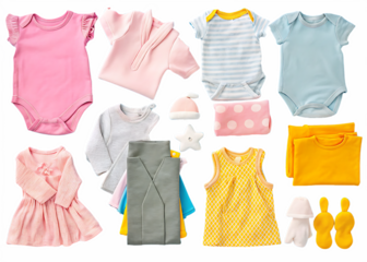 collection of cute baby clothes arranged neatly isolated on white background, png, ai generated.
