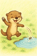 Fototapeta premium Playful otter splashing water, tossing stones near riverbank, capturing whimsical wildlife moment with lighthearted energy