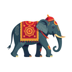 Colorful decorated elephant walking on white background with copy space
