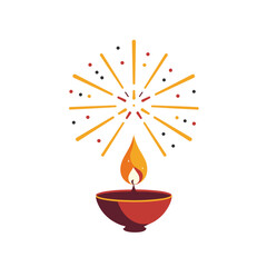 Diya lamp with firework burst on white background and copy space
