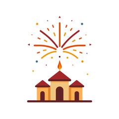 Celebration of Diwali with fireworks above traditional building on white background with copy space
