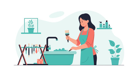 Woman Cleans Art Brushes By A Sink In An Airy Bright Room With Plants