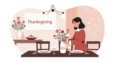 Woman Preparing Thanksgiving Table for Family Reunion Festive Atmosphere