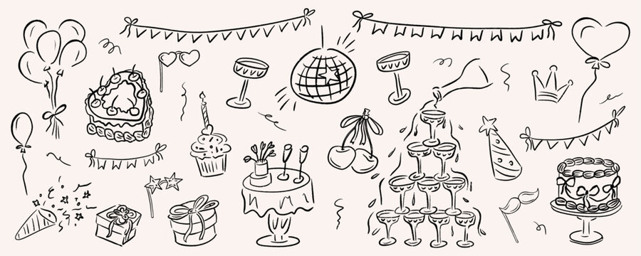 Happy Birthday doodle icon for a party with cake, champagne tower hat and gift. Whimsical hand drawn vector sketch balloon and confetti for dinner or anniversary. Fun outline design for festive event.