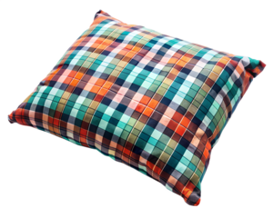A colorful plaid throw pillow with a checked pattern, isolated on a transparent background