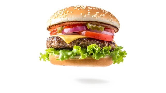 A hamburger with lettuce and tomato is flying through the air. The burger is surrounded by a white background