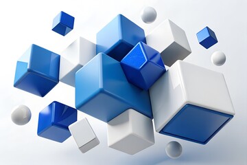 Abstract 3d geometric arrangement of blue and white cubes and spheres
