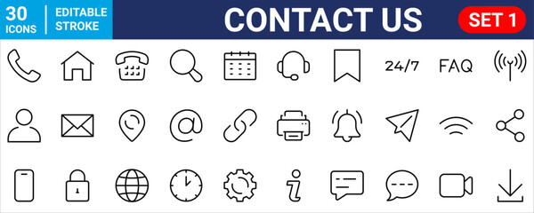 Contact Us web icons in line style. Chat, support, message, phone, globe, point, chat, call, info - stock vector illustration.