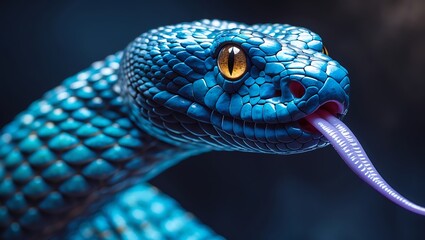 Fototapeta premium Close up of a vibrant blue snake with yellow eyes and a forked tongue flicking