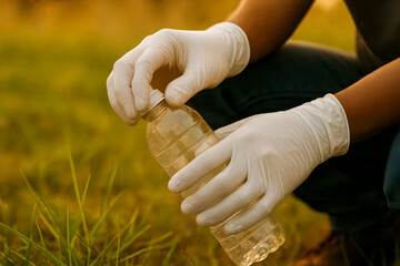 Person wearing white gloves holding a plastic bottle to collect water from a grassy outdoor area during