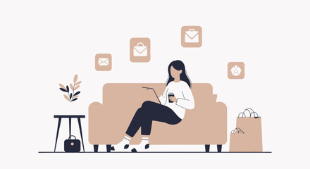 Fototapeta premium Woman Relaxing On Sofa While Shopping And Receiving Emails Online With Laptop