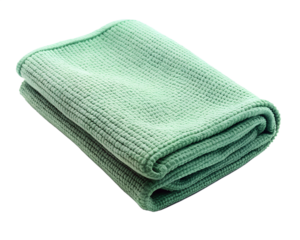 A folded green microfiber cleaning cloth with a textured surface isolated on transparent background