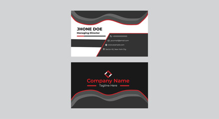Professional Black and Red Business Card Mockup – Modern Wave Design Template, Stylish and modern business card mockup featuring a bold black, white, and red color scheme with abstract wave shapes.