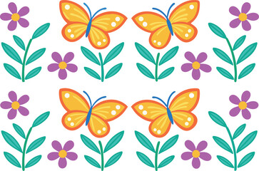 Handdrawn orange butterflies purple flowers with green leaves pattern butterfly yellow