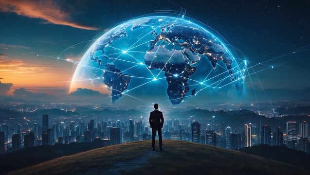 Man standing on hill overlooking city with glowing holographic earth above symbolizing global connection and technology