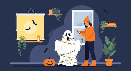 Fototapeta premium Woman Decorating Halloween Ghost Decoration With String Lights Inside House