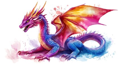 Obraz premium Vibrant watercolor illustration of a majestic dragon with colorful wings on a white photo background